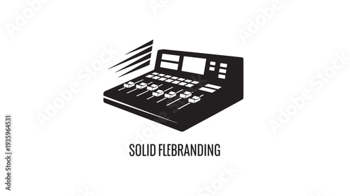 A black sound mixer board with motion lines and SOLID FLEBRANDING logo on a white background, representing audio technology and music production.