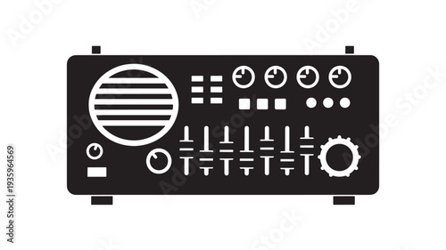 A solid black vector illustration of a control panel interface with various white symbols, buttons, and dials, conveying a sense of technology and engineering on a clean white background.
