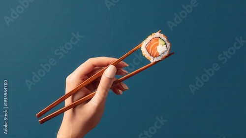 A close-up of a hand holding a salmon sushi roll with wooden chopsticks