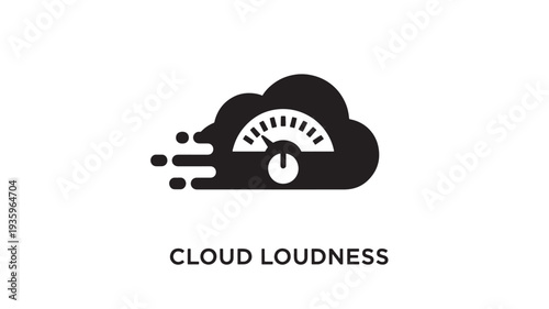 A black and white vector graphic illustrating a cloud with a sound level meter, representing cloud loudness and noise pollution, with a clean and simple design.