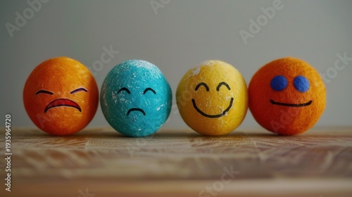 Felt emoji balls on a tree: happy, sad and neutral emotions