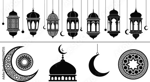 ramadan, lantern, crescent, mosque, islamic, silhouette, arabic, eid, decoration, muslim, symbol, festival, hanging, lanterns, vector, black, icon, spiritual, culture, design, illustration, collection