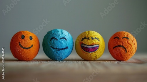 Four colorful felt balls with expressive smiley faces — happy, sad, and neutral
