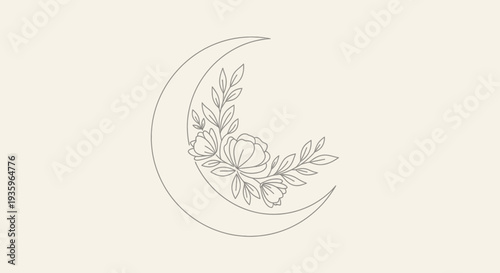 Crescent Moon with Floral Bouquet Line Art Illustration