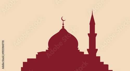 Muslim Mosque Silhouette with Crescent Moon and Minaret, Islamic Architecture, Religious Building