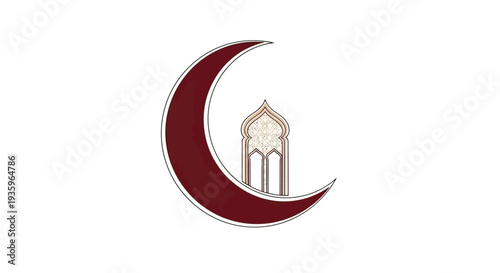 Islamic Crescent Moon with Mosque Silhouette and Traditional Pattern