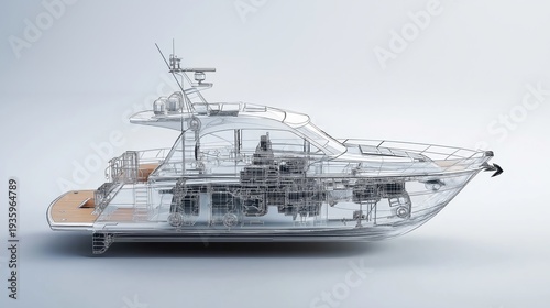 Transparent model of a speedboat showcased in a high-tech digital rendering with details