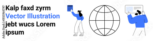 Communication, global connectivity, digital interaction, online services, modern technology, information sharing. Two people interacting with digital elements and a globe. Communication and global