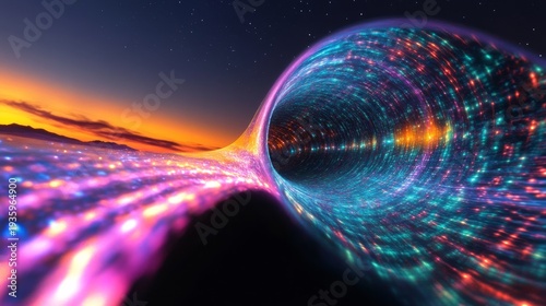 Abstract flowing light energy and neon particles cascading in vibrant, glowing waves