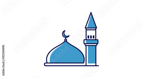 Islamic Mosque Icon with Dome and Minaret, Blue Religious Building Illustration