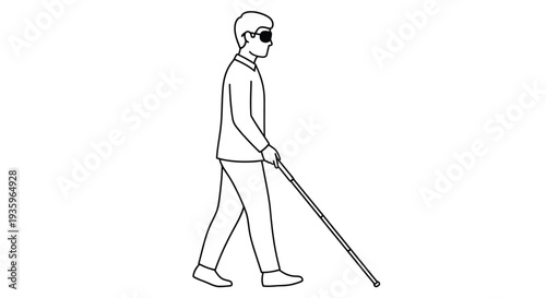 Line drawing of a person walking with a long cane appearing visually impaired