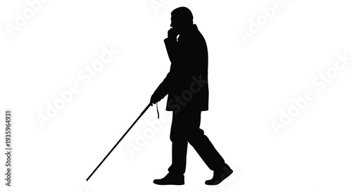 Silhouette of a man walking with a white cane representing visual impairment