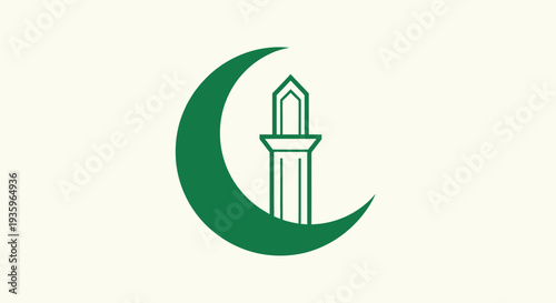 Green Crescent Moon and Minaret Icon on Cream Background