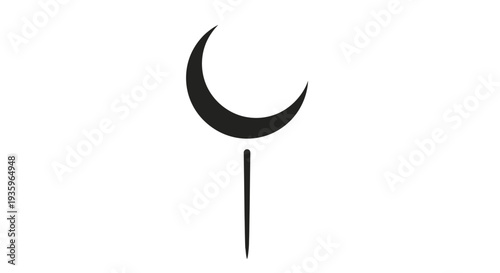 Minimalist crescent moon symbol on a thin vertical line, isolated on white background.