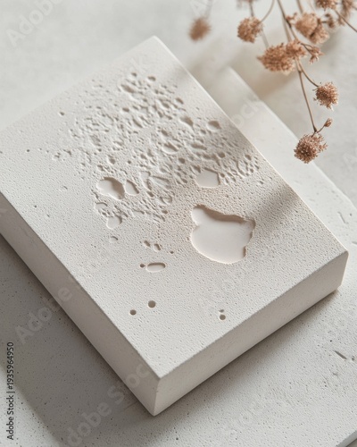 A white plaster block on a neutral background, showing rough stone texture