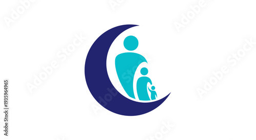 Crescent moon with family silhouette, symbolizing protection, unity, and care