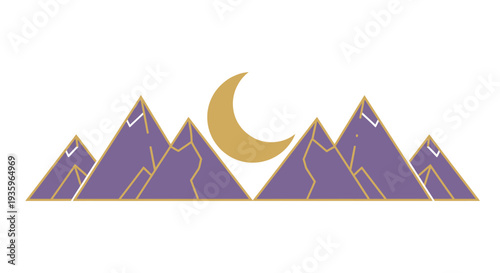 Stylized Mountain Range with Crescent Moon and Stars