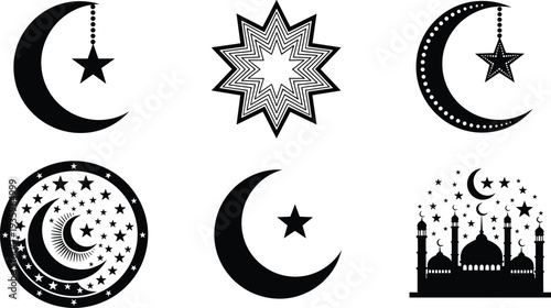 islamic, moon, star, crescent, mosque, ramadan, symbol, silhouette, set, muslim, religion, arabic, eid,  