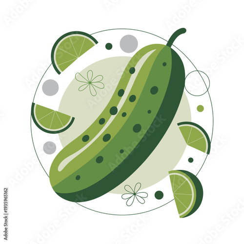 Refreshing green cucumber illustration is artfully surrounded by sliced lime wedges and abstract shapes.