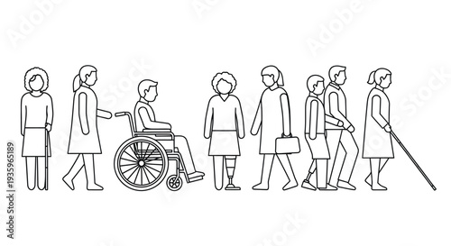 Line drawing depicting diverse people including those with disabilities in a row