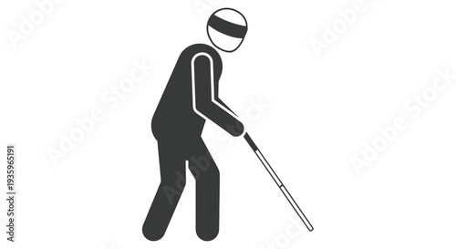 Simple black silhouette of a person with a cane and eye mask