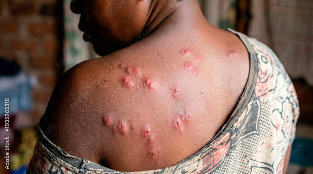 Naklejka premium Person showing mpox virus skin lesions on back