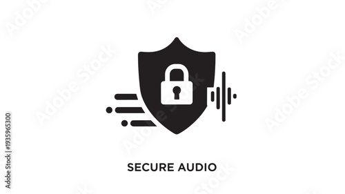 A black shield with a white lock and sound waves, symbolizing secure audio and protection, on a white background.