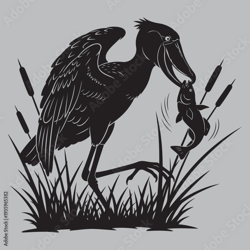 shoebill marsh predator crushing strike silhouette vector design art and illustration