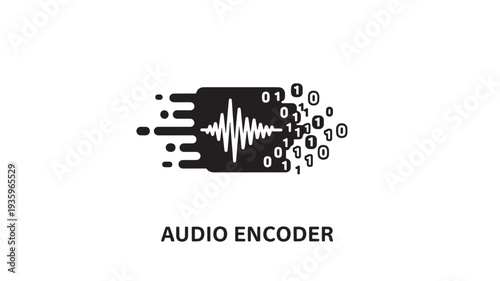 A professional icon of an audio encoder featuring a sound wave and binary code on a sleek black background, ideal for music and technology concepts