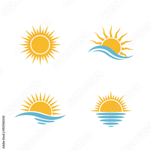 Sun and sea waves icons in different positions and styles  sunny weather symbols