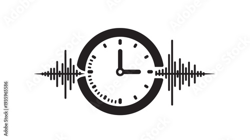 A black vector illustration of a clock with a sound wave design on a white background, symbolizing the relationship between time and sound.