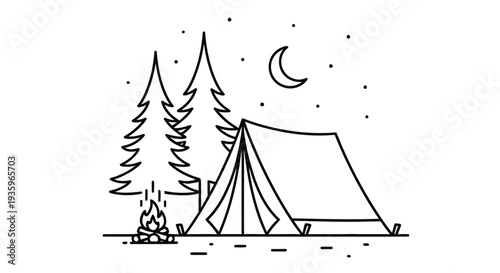 Simple line drawing of a campsite with a tent trees moon and campfire