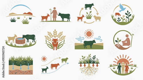Icon set promoting International Year of Rangelands and Pastoralists, iyrp, highlighting pastoralist sustainability, food security, and rural economy