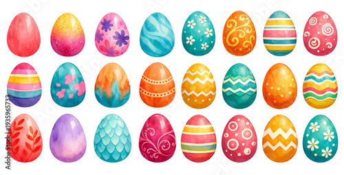 A charming watercolor collection of colorful Easter eggs for spring holiday design and festive illustrations.