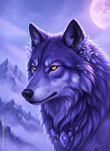 Majestic Purple Wolf With Crystal Crown Under Moonlight