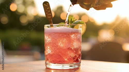 Bartender pouring a refreshing pink cocktail into a glass with ice and garnish at an outdoor bar during sunset.