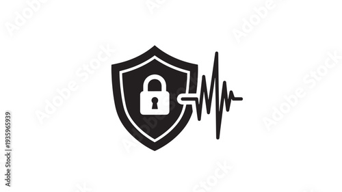 A black shield icon with a white padlock and a heartbeat line, symbolizing security and protection, with a clean and modern aesthetic.