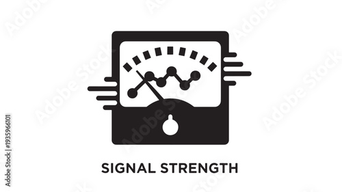 A black vector graphic of a signal strength meter icon with the text 'SIGNAL STRENGTH' below it, on a white background, representing communication and technology.