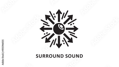 A black vector icon depicting a surround sound speaker system with arrows radiating outward, representing immersive audio experience.