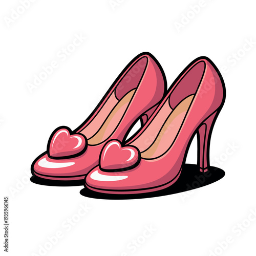 Pair of shiny pink high-heeled shoes featuring a cute heart decoration on the toe area.
