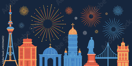 City skyline with fireworks display at night time celebration festivities  urban landscape