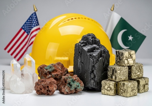 USA and Pakistan Flags with Industrial Hard Hat and Natural Mineral Resources Illustrating International Mining Cooperation and Trade Partnerships