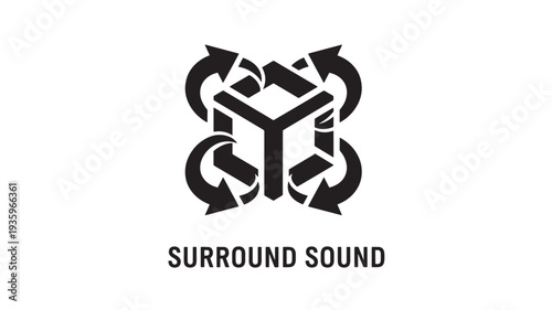 A black and white graphic illustration of a surround sound logo with arrows on a plain white background, representing immersive audio experience