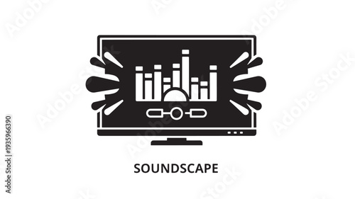 A black vector graphic of a computer monitor displaying a sound wave visualizer with the word 'SOUNDSCAPE' below, representing audio technology and music visualization.