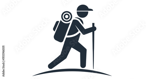 Silhouette of a hiker walking with a backpack and trekking poles outdoors