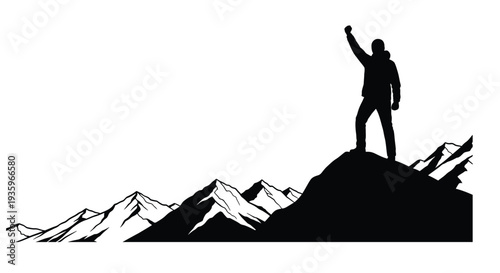 Silhouette of a person with raised arm atop a mountain peak black and white