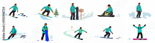 Dynamic collection of a snowboarder engaging in various winter sports activities, showcasing action, adventure, and the thrill of mountain recreation.