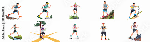 Dynamic Trail Running and Hiking Illustrations: Athletes Exploring Nature, Navigating Diverse Terrains and Challenges.