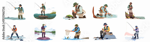 Diverse Scenes of Men Fly Fishing in Nature, Demonstrating Various Techniques and Enjoyment of the Sport