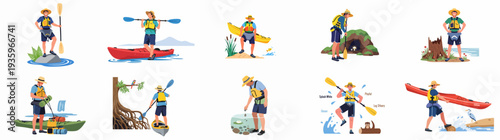 Man enjoying diverse kayaking adventures and exploring nature: a collection of outdoor recreational activities.